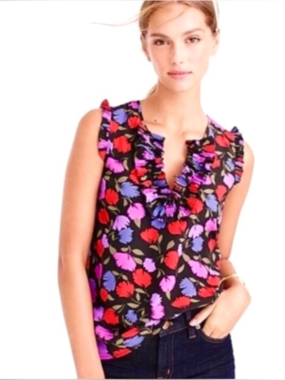 JCrew Silk Black Purple Floral Ruffle Blouse Top